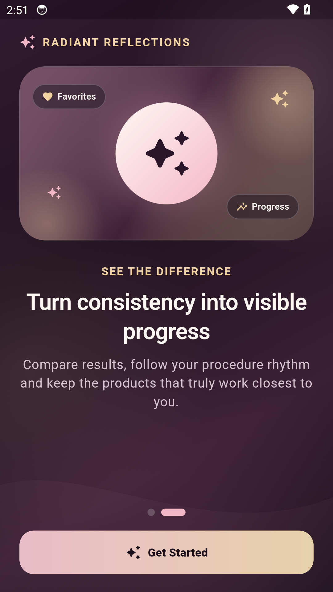 Radiant Reflections onboarding screen