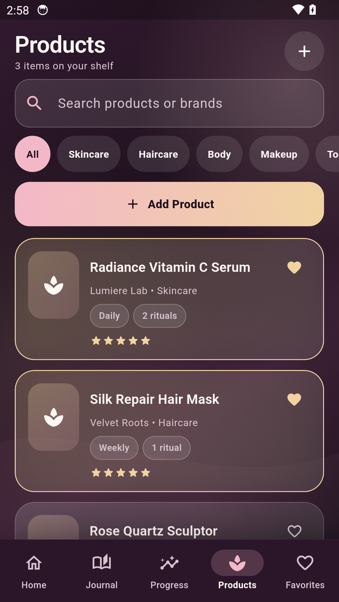 Products screen in Radiant Reflections